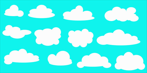 Simple cloud shapes. Flat cloud. Cartoon white fluffy, cumulus clouds in the blue sky. Abstract comic weather elements. Cloudy landscape objects for the game. Collection of vectors
