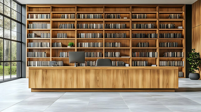 Modern Office Interior 3D Render: Wooden Desk and Bookshelves