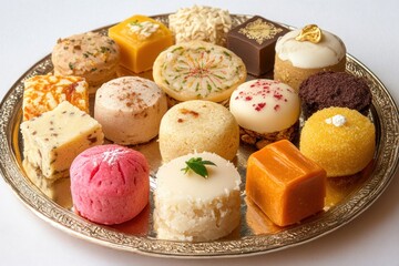 Assorted colorful gourmet sweets and desserts on a silver platter.