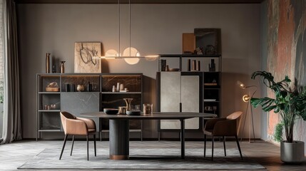 Modern dining room with oval table, stylish shelving, and armchairs.