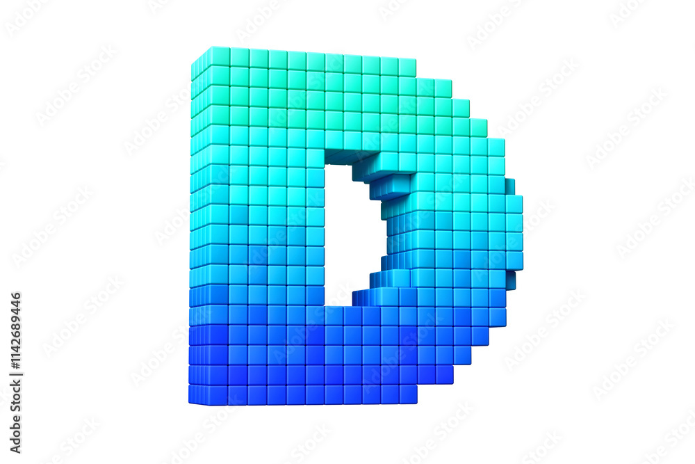 Aufkleber pixel art display typeface letter d in blue color scheme. high quality 3d rendering.