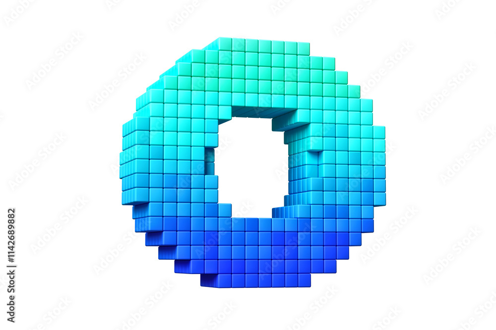Poster 16-bit font pixel art style letter o in blue gradient. high definition 3d rendering.