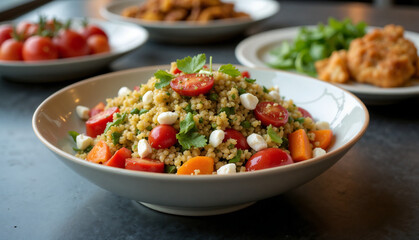 Fresh salad with couscous, cherry tomatoes, and vegetables served in a stylish bowl