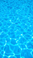 Surface of blue swimming pool, background of water in swimming pool. Blue ripped water in swimming pool. Abstract summer background concept. Fun relaxation carefree copy space wallpaper, glowing neo