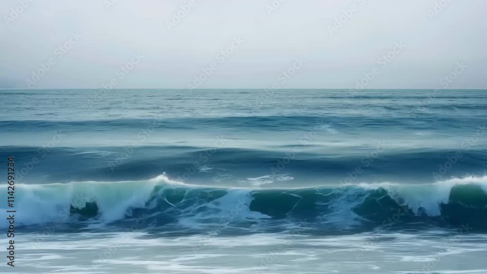 Poster waves lapping against a dark shore create a serene atmosphere on a cool, cloudy morning with an expa