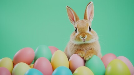 Cute rabbit surrounded by colorful eggs in a vibrant setting during a festive spring celebration