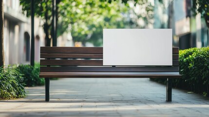 Blank canvas on park bench amidst greenery in sunlit urban park, mockup concept