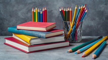 Fototapeta premium A stack of colorful textbooks and a glass of bright pencils on a gray- blue background. Concept of education , training, workspace, free space.