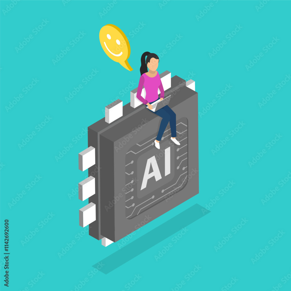 Poster 3d isometric flat vector illustration of collaboration with ai, utilizing ai technology for enhanced