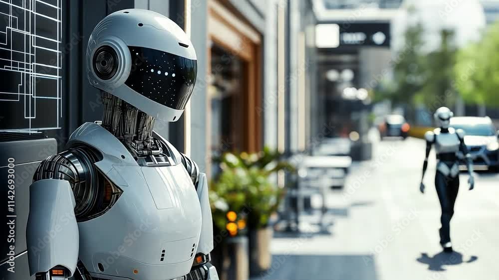 Poster robots exploring a modern urban street while interacting with their environment in daylight