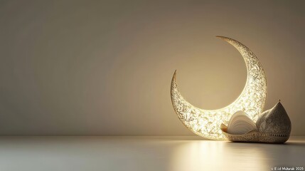 Illuminated crescent moon and lantern, Ramadan background.