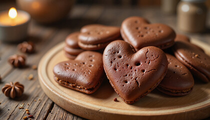 Fototapeta premium Heart-shaped chocolate cookies arranged on a wooden plate with a cozy atmosphere