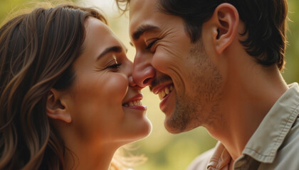 Naklejka premium Happy couple sharing a joyful moment with a close-up of their smiles in a natural setting