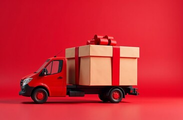 Festive red delivery truck with large gift box for holiday celebrations