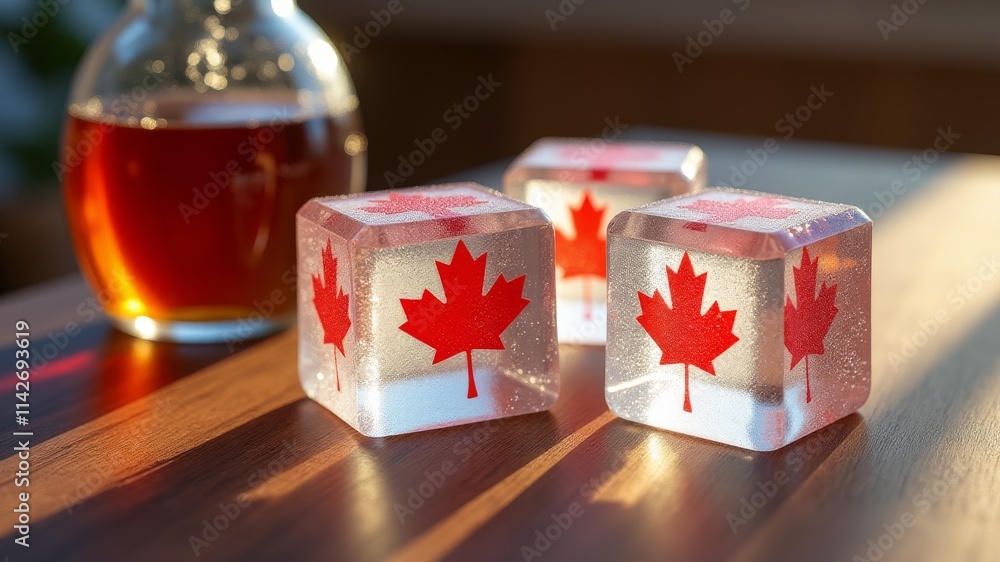 Wall mural three ice cubes with a red maple leaf on them sitting on a table