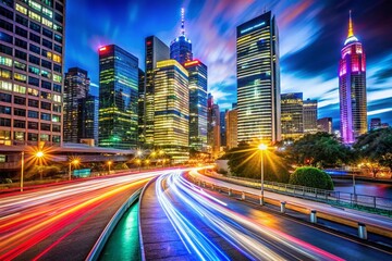 Obraz premium Long Exposure Photography: New Cityscape Lights, Night Photography, Urban, City Nights, Modern Architecture, Dramatic Lighting, Abstract, Glowing, Vibrant, Light Trails, Street Photography, 