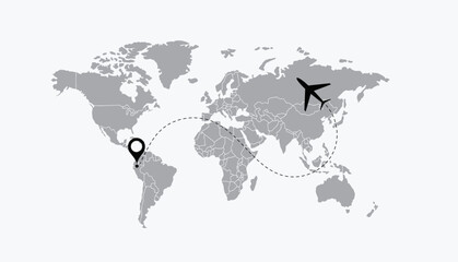 World map vector background with Airplanes, dotted lines, and location icons, Around the world via aircraft travel concept.6