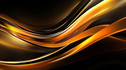 A dynamic abstract design featuring flowing golden curves against a dark background.