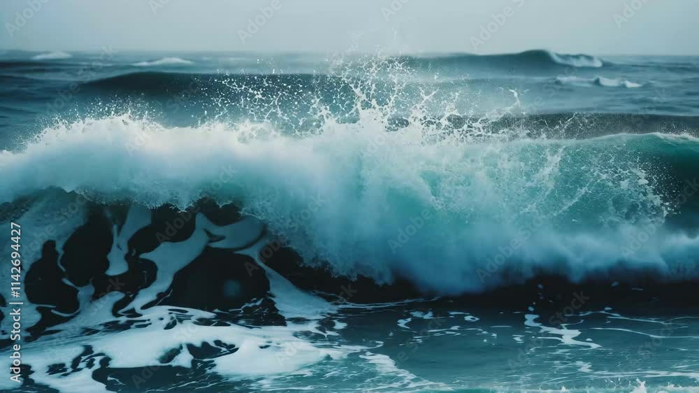 Poster waves roll in with power against the shore under a misty sky, creating a serene yet dramatic atmosph