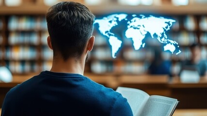 A modern library setting with students reading about work-study programs, holographic world maps projected in the air.