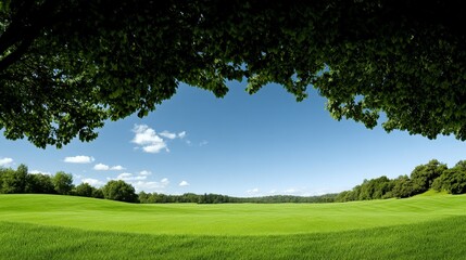 Obraz premium Peaceful Meadow: A serene landscape framed by lush trees, showcasing a sprawling green field under a bright blue sky. The clouds drift lazily overhead, creating a sense of tranquility.