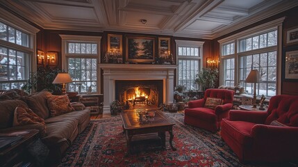 Cozy living room with fireplace, red armchairs, and snow scene outside windows.