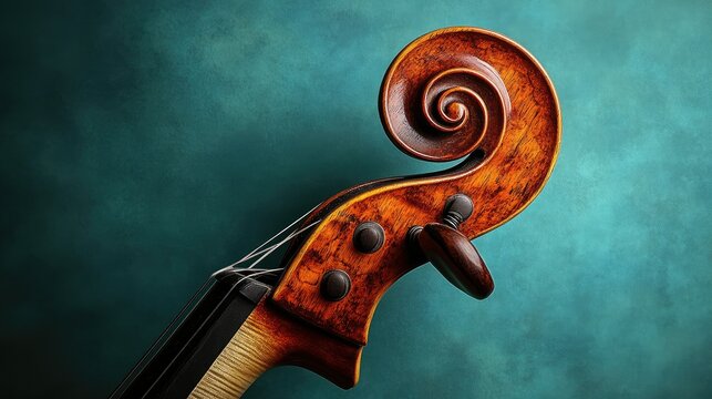 Close-up of cello scroll with pegs against blue background.