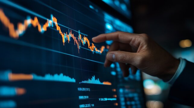 Hand Pointing at Financial Data on Digital Screen