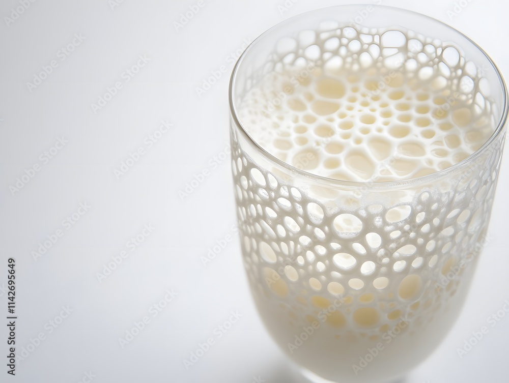 Poster Refreshing glass of milk featuring unique bubble-pattern design against a minimalist background, emphasizing texture and visual appeal in a modern setting.