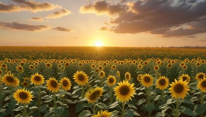 Bright sunflower field with a few scattered flowers against the bright yellow and orange sky on a sunny July day, yellow, field
