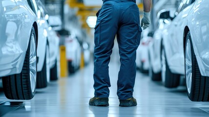 A worker stands in an automotive factory, surrounded by white cars, with a focus on the production line and quality control.