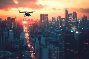Obraz premium Drone Flight Over Cityscape at Sunset