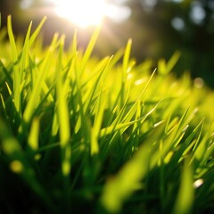 Close-up of lush green grass with sun rays and bokeh effect, blurred light, outdoor environment