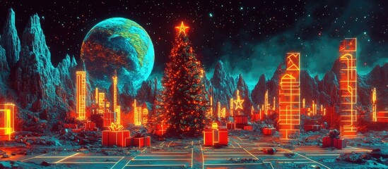 Obraz premium Futuristic Christmas scene on an alien planet with a glowing tree, presents, and Earth in the background.