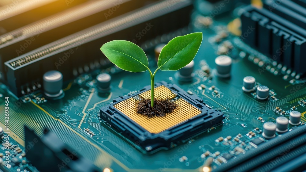 Poster a sapling sprouting from a computer motherboard, symbolizing tech-driven environmental regeneration.