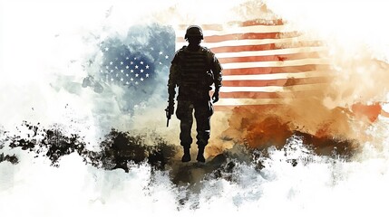 Fototapeta premium American Soldier Silhouette with Watercolor Flag