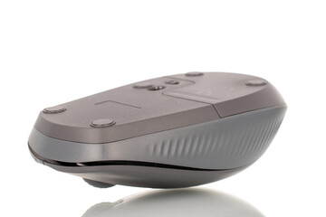 One wireless computer mouse, close-up, isolated on white background.