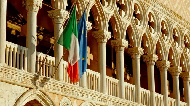 Close-up of the beautiful symmetrical arches of the Palazzo Ducale (Doge's Palace) in Piazza San Marco (St Mark's Square), Venice, Italy