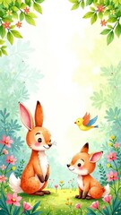Fototapeta premium A group of cute cartoon animals, spring day in a colorful forest, bunny, fox, bluebird on a tree branch. Flowers are blooming and blue sky for children’s stories, wallpaper, poster, postcard