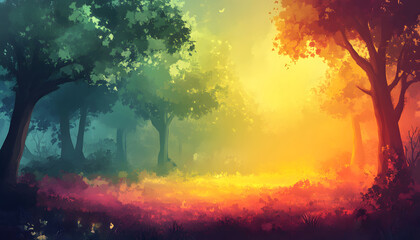 Obraz premium A Tranquil Forest Path Divides Green And Orange Hues