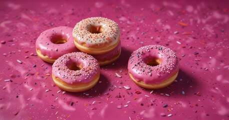 Colorful donuts rolling down a dark pink surface amidst scattered sprinkles, pink,  dessert