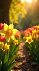 Obraz premium garden filled with tulips and daffodils in bloom. The flowers are yellow, orange, and red. The morning sun, petals,spring flowers, gardening, poster, postcard, screensaver, wallpaper