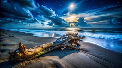 Low Light Beach Wood Photography: Dark Sand, Driftwood, Coastal Night Scene, Grain, Texture, Moody