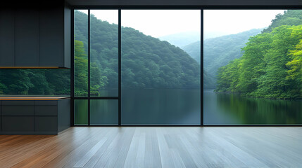 Serene Lake & Mountain View 3D Room Illustration
