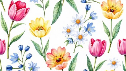 pattern of spring flowers tulips, daisies, peonies, soft pastel of pink on a white background, fabric prints, wrapping paper, or design,illustration , watercolor, poster, postcard,screensaver, wallpap