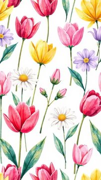 Fototapeta pattern of spring flowers tulips, daisies, peonies, soft pastel of pink on a white background, fabric prints, wrapping paper, or design,illustration , watercolor, poster, postcard,screensaver, wallpap