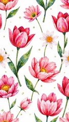 Fototapeta premium pattern of spring flowers tulips, daisies, peonies, soft pastel of pink on a white background, fabric prints, wrapping paper, or design,illustration , watercolor, poster, postcard,screensaver, wallpap
