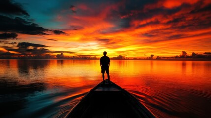 Fototapeta premium A silhouette of a person standing on a boat against a vibrant sunset over calm waters.