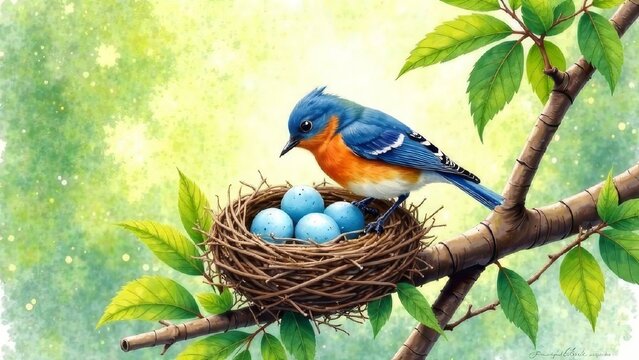 A mother bird tending to her nest filled with three small blue eggs, on a tree branch , spring leaves, new life and the beginning of spring, cartoon style, illustration , watercolor - Powered by Adobe