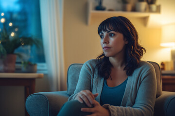 Latina mental health therapist reflecting in a cozy therapy space. Generative AI